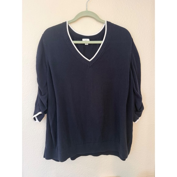 J. Jill Sweaters - J. Jill Navy Blue V-Neck Cotton Rayon Puffed Sleeve Sweater 3X Plus Size